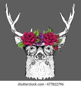 Hand Draw Portrait Deer Wearing Wreath Stock Vector Royalty Free