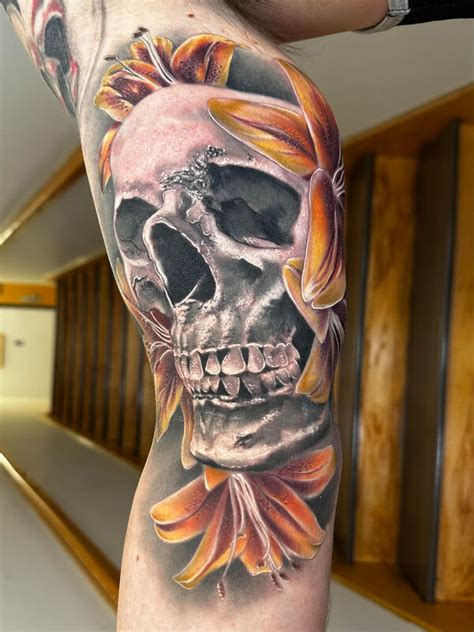 Skull And Rose Half Sleeve Tattoos