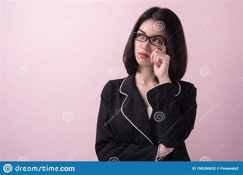 Cute Woman Thinking And Imagination Isolated On Pink Background Stock