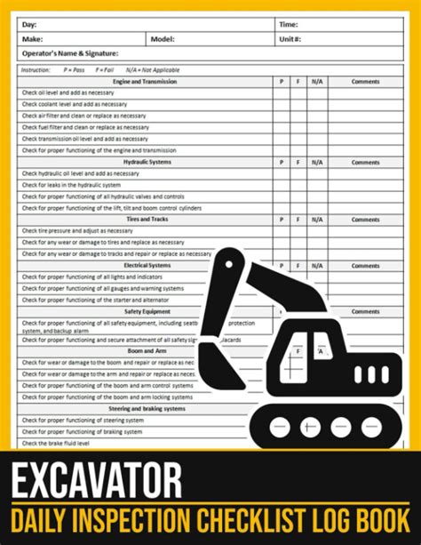 Excavator Daily Inspection Checklist Log Book Excavator Log Book