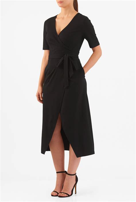 Shop Cotton Knit Asymmetric Wrap Midi Dress Eshakti