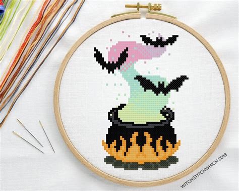 Halloween Witch Cauldron Bats Cross Stitch Pattern Cross Stitch