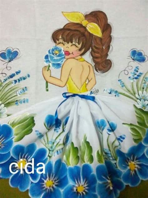 Menina Saia De Tecido Pintura Em Tecido Bonecas Pinturas De