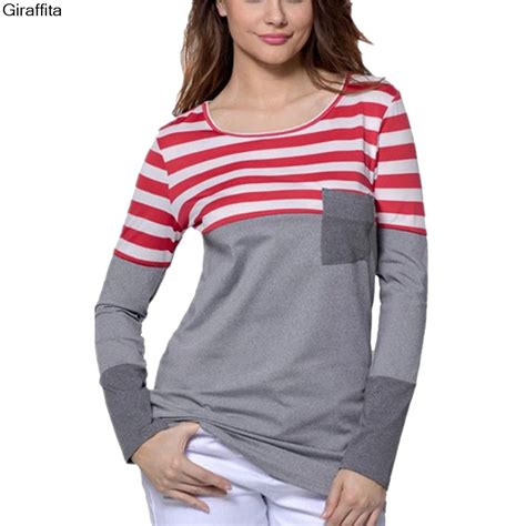 New Autumn Winter Tshirt Feminina Long Sleeve Pocket Female Striped