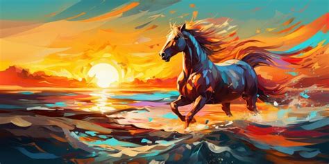 Premium Photo | Painting of a horse running in the water at sunset ...