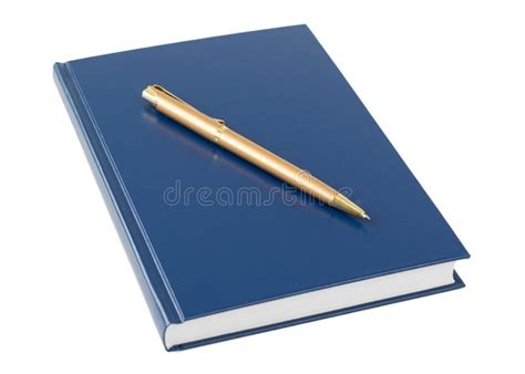 Blue Notebook With A Gold Pen Isolated On White Background Stock Photo