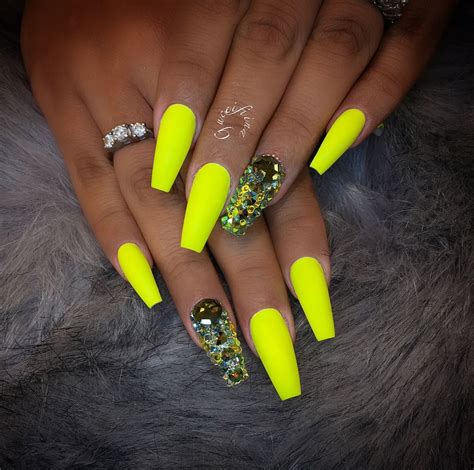 Matte Neon Yellow Green Coffin Shape Acrylic Nails W Rhinestones