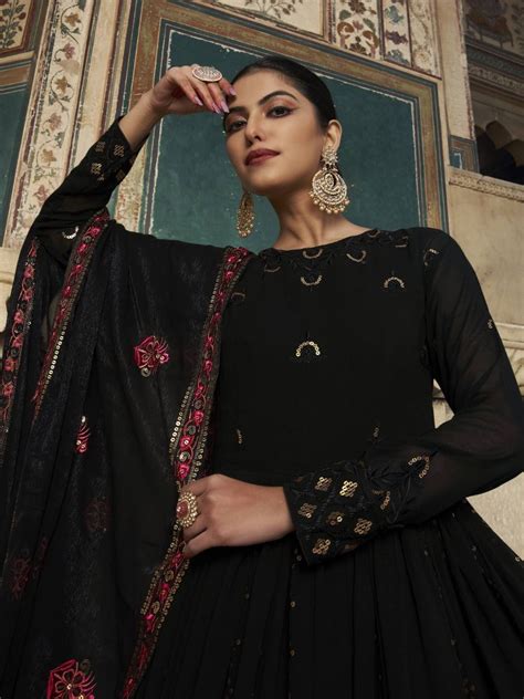 Buy Black Sequined Embroidery Georgette Wedding Wear Gown From Ethnic Plus