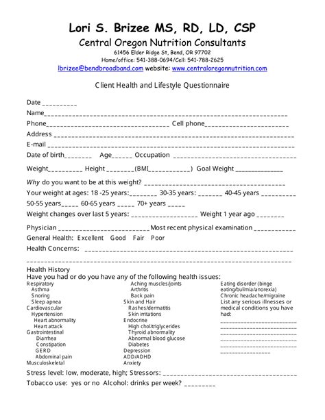 Client Nutrition Assessment Form Central Oregon Nutrition Consultants