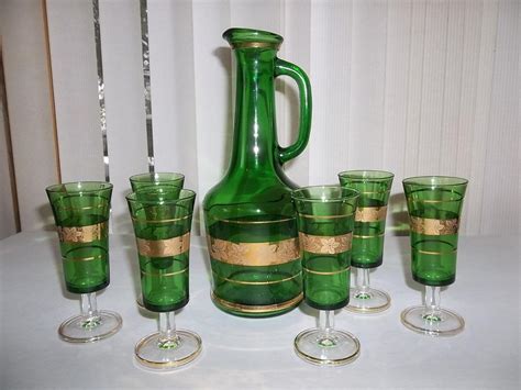 Elegant Depression Era Emerald Gold Liquor Wine Decanter W 6 Stemmed