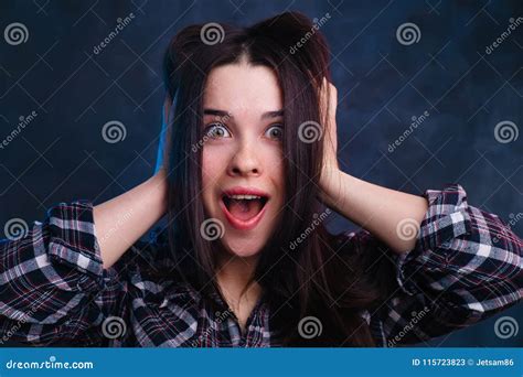 Extremely Surprised Excited Shocked Young Woman Touching Her H Stock