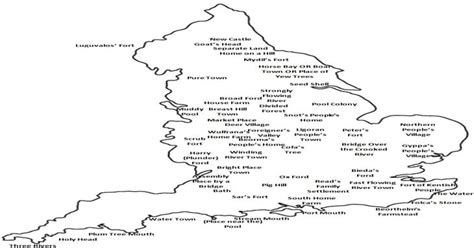 A map of England, with city and town names translated into English. : europe