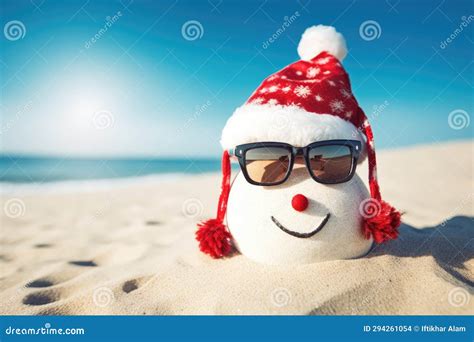 Snowman Wearing Santa Hat And Sunglasses On The Beach With Sea