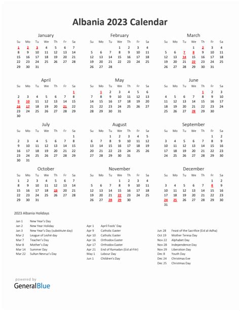 2023 Albania Calendar With Holidays