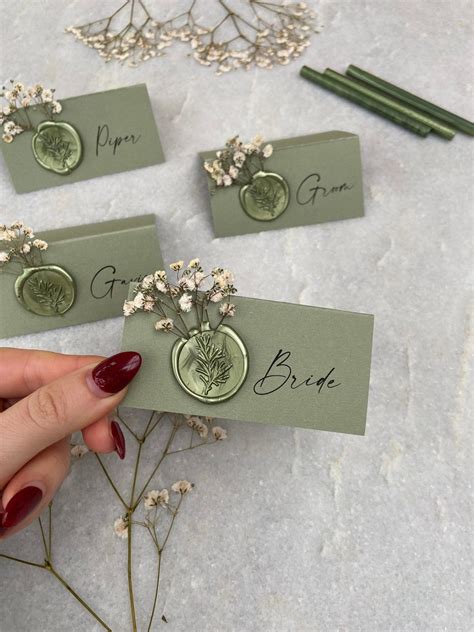 Sage Green Gypsophila Wedding Name Place Cards With Wax Seal Etsy