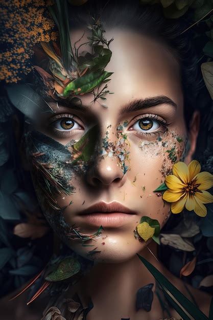 Atractiva Mujer Joven Con Plantas En La Cara Flores Aigenerated Foto