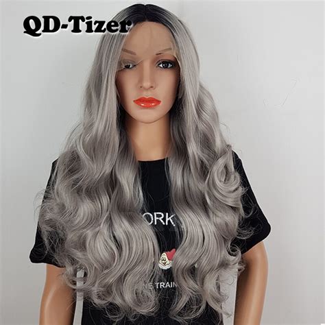 Qd Tizer Ombre Peluca Frontal De Encaje Sint Tico Pelo Gris Largo Sin