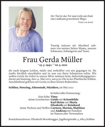 Todesanzeigen von Gerda Müller Todesanzeigen Vorarlberger Nachrichten