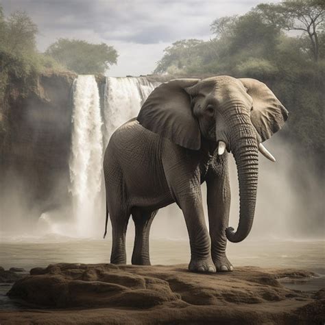 Premium AI Image | An elephant stands in front of a waterfall with a ...