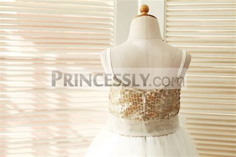 Thin Straps Champagne Sequin Ivory Tulle Wedding Flower Girl Dress With