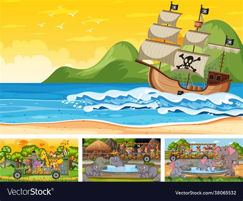 Set different scenes with pirate ship Royalty Free Vector