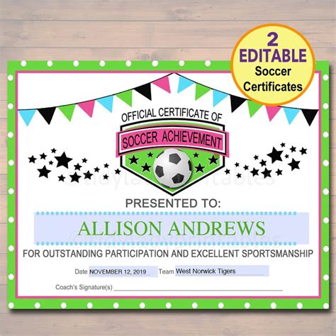 Editable Soccer Award Certificates Instant Download Team Soccer