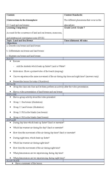 Lesson Plan Sea Breeze And Land Breeze G Content In The