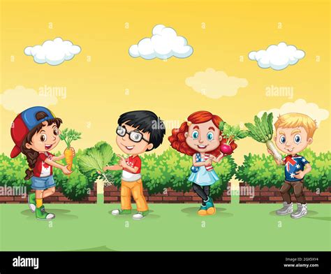 Children With Fresh Vegetables Stock Vector Image And Art Alamy