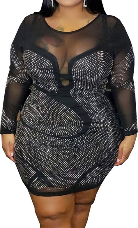 Iymoo Womens Sexy Plus Size Long Sleeve Rhinestone Mesh See Through