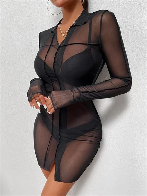 Womens See Through Mesh Sheer Bodycon Dress Sexy Long Sleeve Party Mini