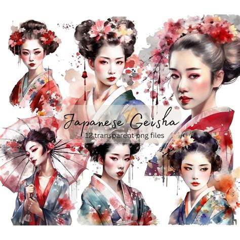 Japanese Geisha Watercolor Clipart Bundle PNG Instant Down Inspire