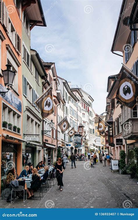 Street Cafe and Old Vintage Buildings in Zurich Old Town Altstadt ...