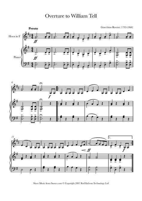 Rossini Giacchino William Tell Overture For French Horn Free Sheet Music For French Horn