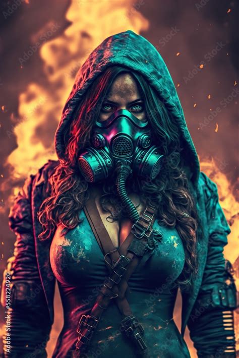 Hot Apocalypse Woman With Gasmask In The Apocalypse Fire Hooded Gas