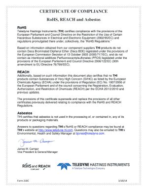 Fillable Online Rohs And Reach Certificate Of Compliance Form Rev B