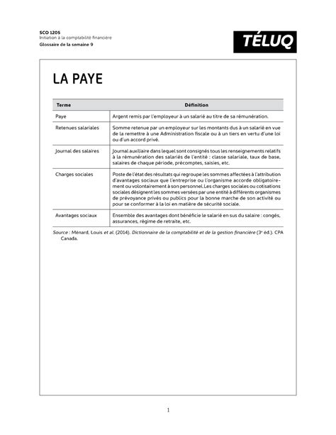 Sco1205 sem9 glossaire SCO 1205 Initiation à la comptabilité