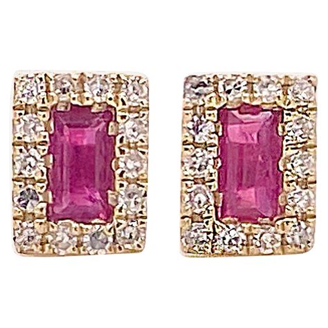 Square Ruby And Diamond Halo Earring Studs Karat Yellow Gold July