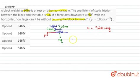 A Block Weighing 10kg Is At Rest On A Horizontal Table The