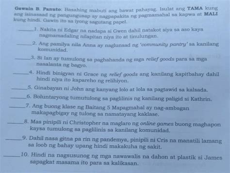 Solved Gawain B Panuto Basahing Mabuti Ang Bawat Pahayag Isulat Ang