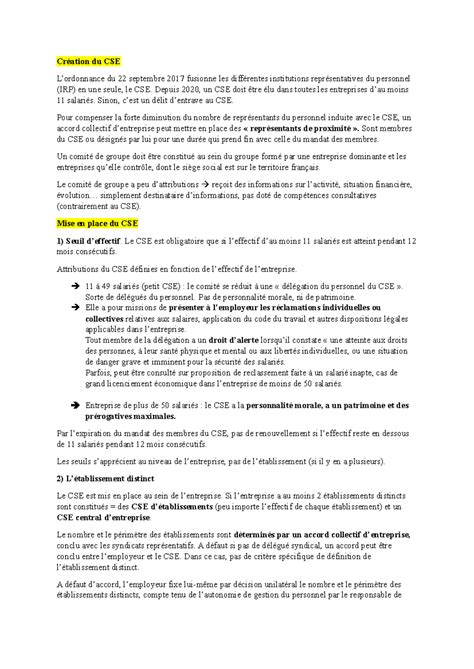 Fiches Cse R Sum Droit Du Travail Cr Ation Du Cse Lordonnance Du