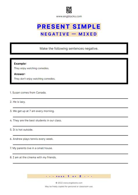 Present Simple Negative Form Worksheet