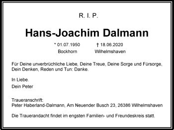 Traueranzeigen Von Hans Joachim Dalmann Nordwest Trauer De