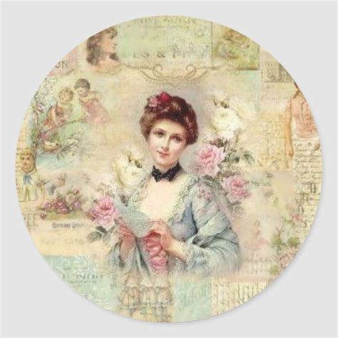 Cute Retro Victorian Woman With Roses Classic Round Sticker Zazzle