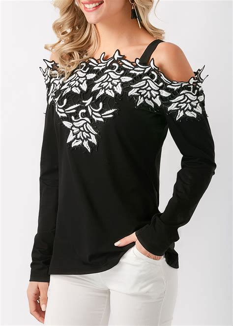 Black Cold Shoulder Flower Applique Blouse Rosewe Usd