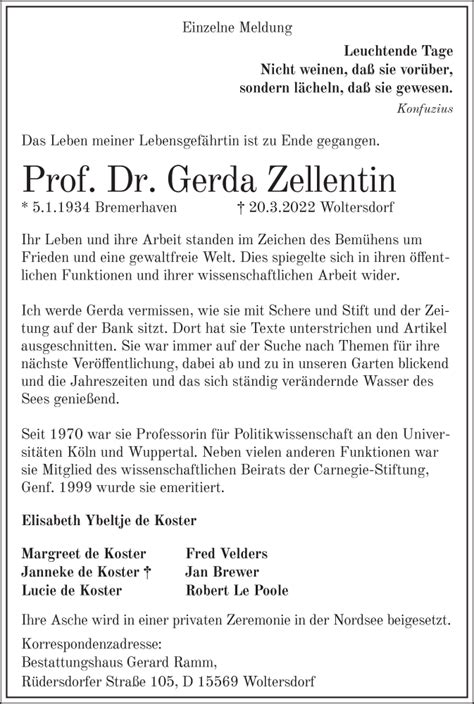 Traueranzeigen von Gerda Zellentin Märkische Onlinezeitung Trauerportal