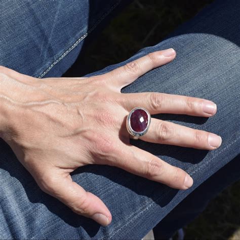 Grosse Pierre Rubis Rouge Bague Massive Argent Agate You