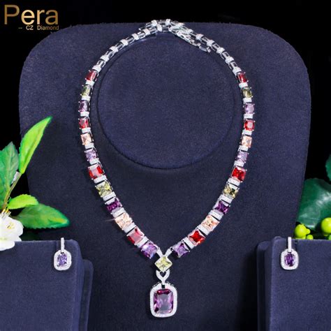 Pera Luxurious Princess Cut Colorful CZ Crystal Square Pendant Earrings