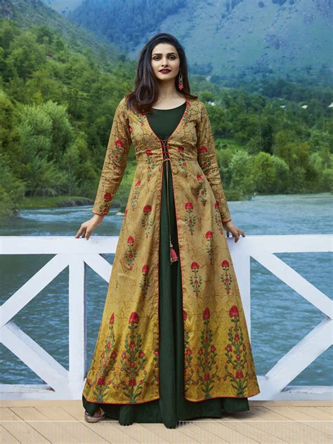 Beige And Dark Green Color Satin And Silk Fabric Designer Kurti