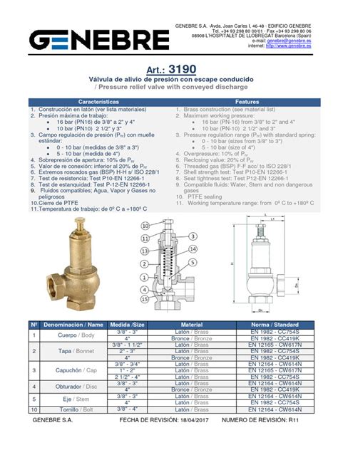 3190 Ficha TÉcnica VÁlvula Alivio Genebre Pdf Ingeniería Mecánica Ingeniería Química