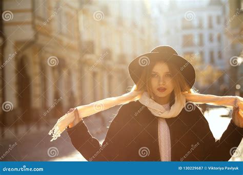 Outdoor Portrait Of Splendid Blonde Girl Wearing Hat Scarf And Stock